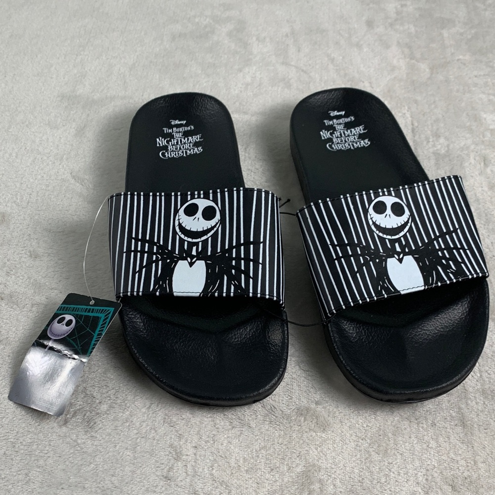 Disney Black and White Jack Skellington Sandals Slides Men 10/11 Pinstripes 90s